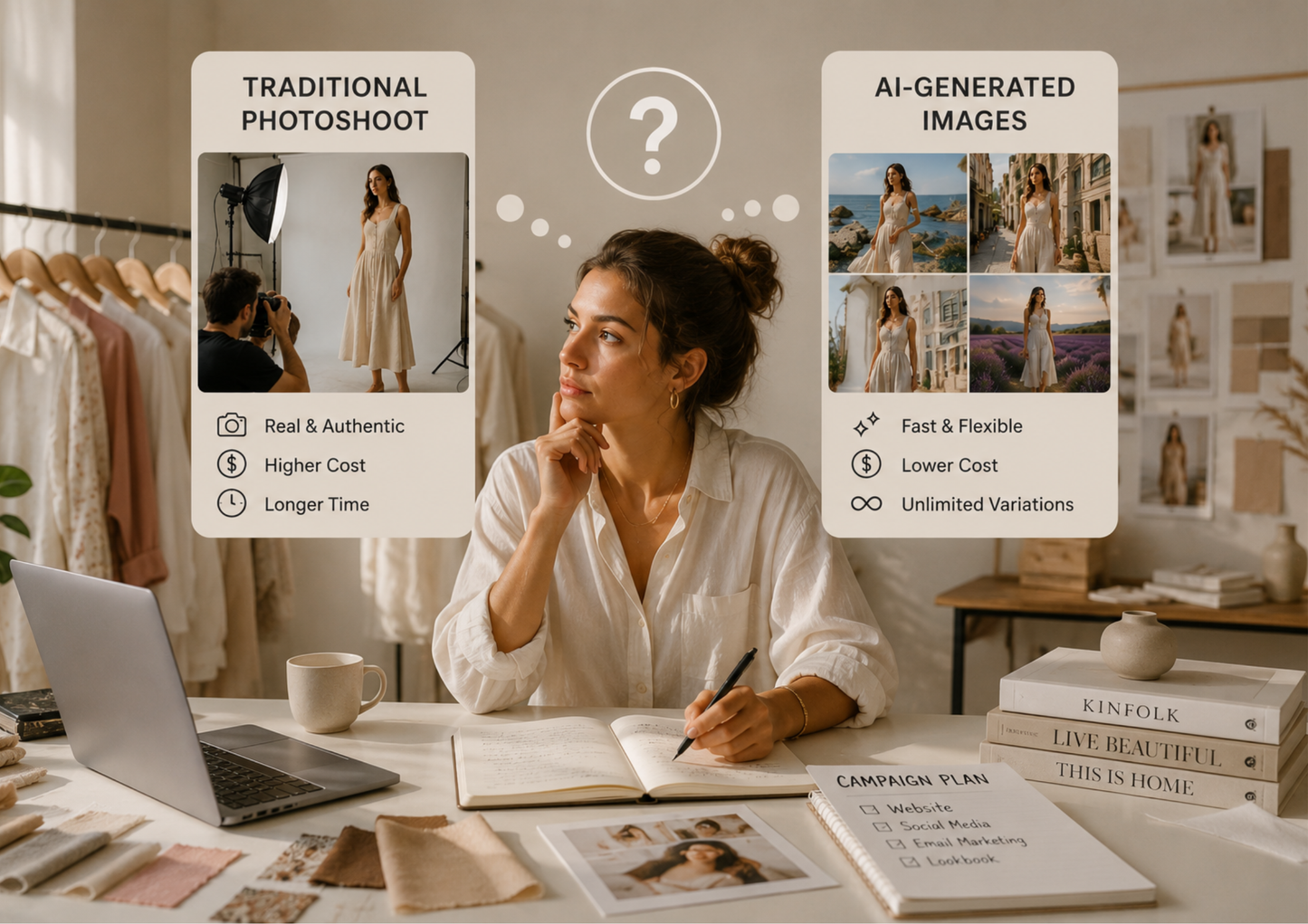 Boutique owner deciding between AI fashion photography and a traditional photoshoot.