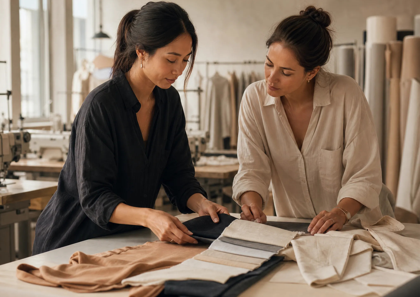 The designer and the customer are discussing fabric selection.