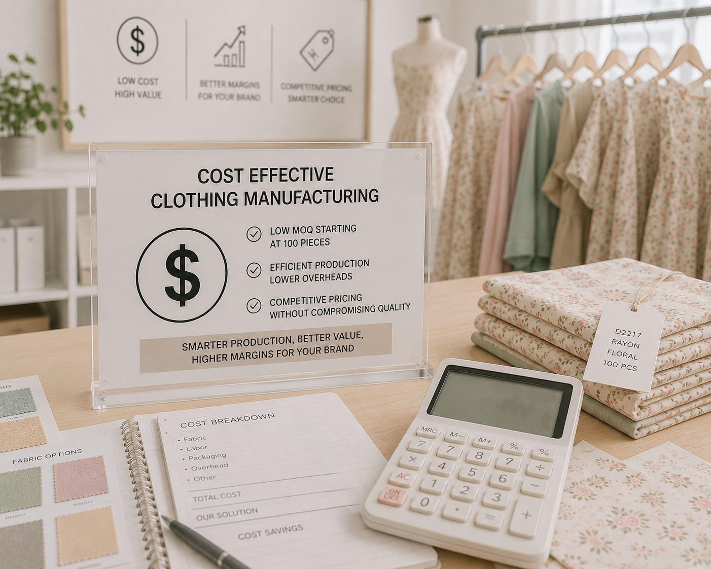 A clear acrylic sign on a retail desk reads 'COST EFFECTIVE CLOTHING MANUFACTURING' . Low MOQ, efficient production & competitive pricing.