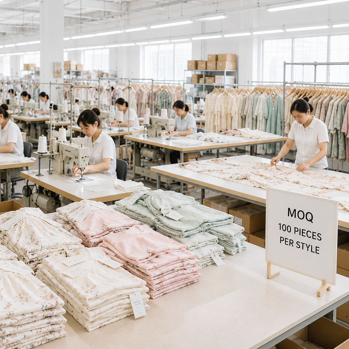 A bright garment manufacturing workshop with multiple workers seated at sewing tables, stacks of folded light-colored fabric pieces on tables in the foreground, and racks of clothing in the background. A sign on the right reads 'MOQ 100 PIECES PER STYLE'.