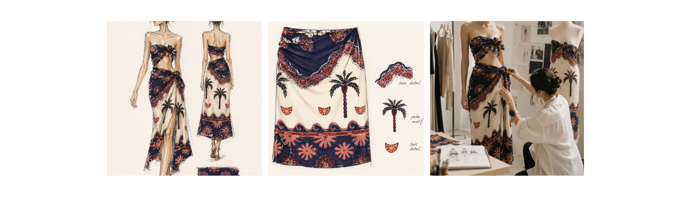 A collage showing a tropical print dress on a mannequin, front and back views, a matching skirt, pattern sketches, and a woman adjusting the dress on a mannequin in a studio setting.