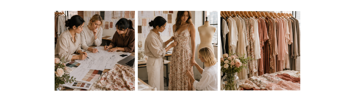 A three-panel collage showing a boutique interior: three women planning or fitting a long dress, and racks of blush, beige, and pink dresses hanging in the background.