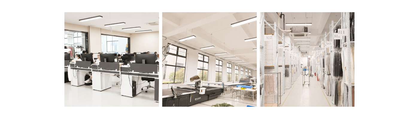 A triptych of our office, factory and garment shelving room.