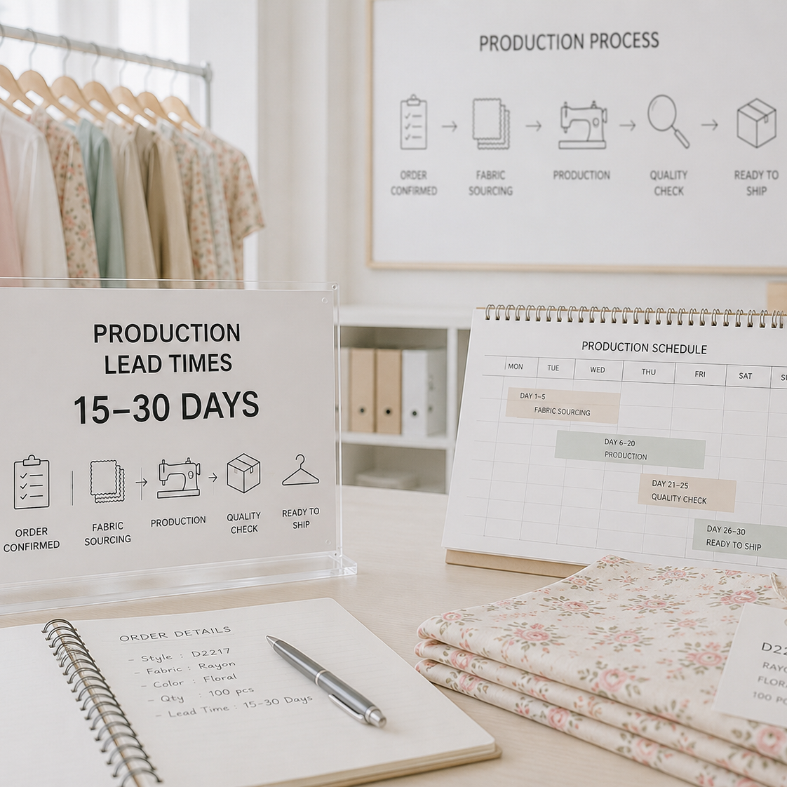 A styled production office with production lead times and schedule signs, a floral fabric sample, notebook, a pen, and a rack of garments in the background.