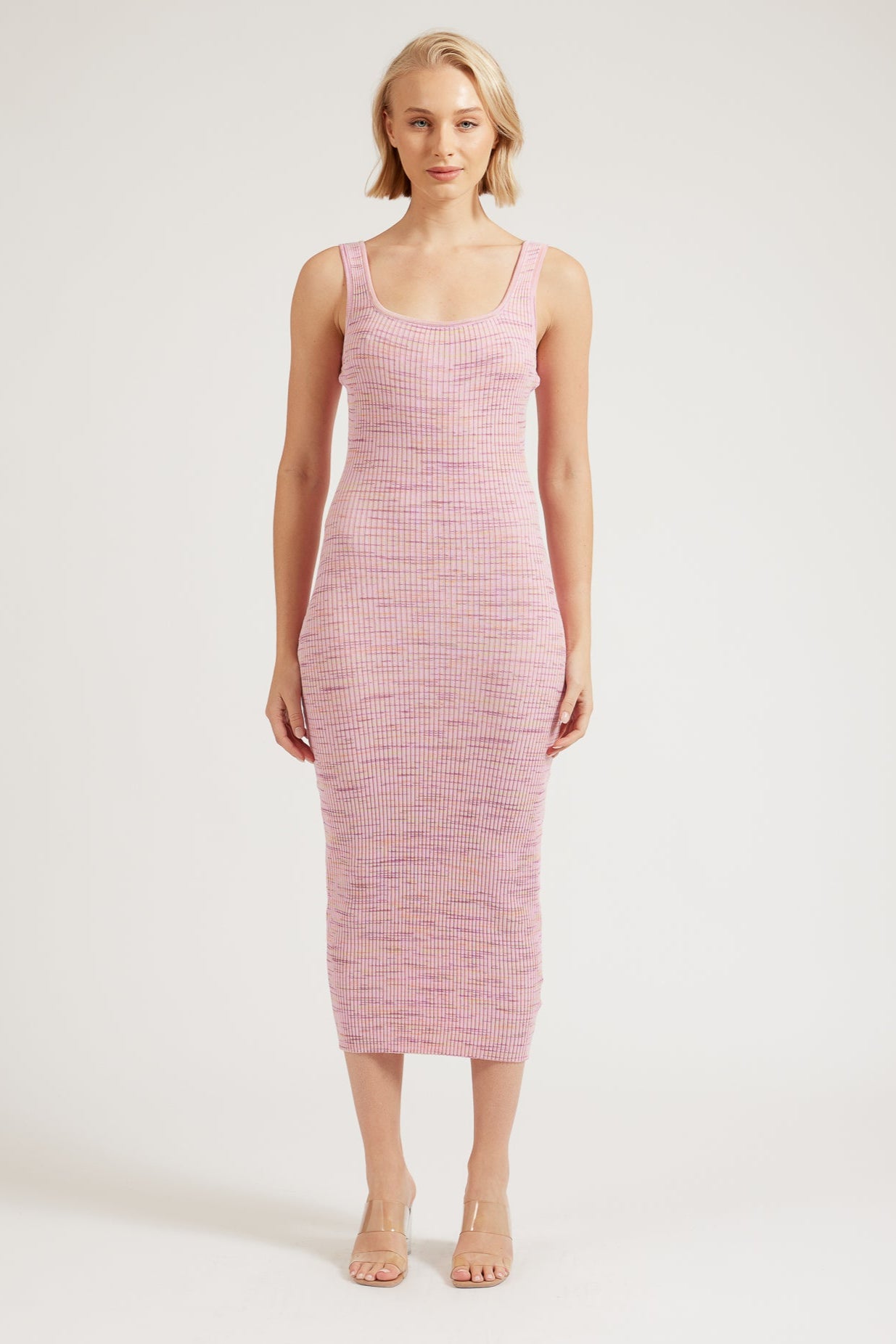 TH24001 Raina Love Square Neck Knitted Midi Dress in Pink. Australian women’s WHOLESALE KNIT DRESSES. Sleeveless knit dresses