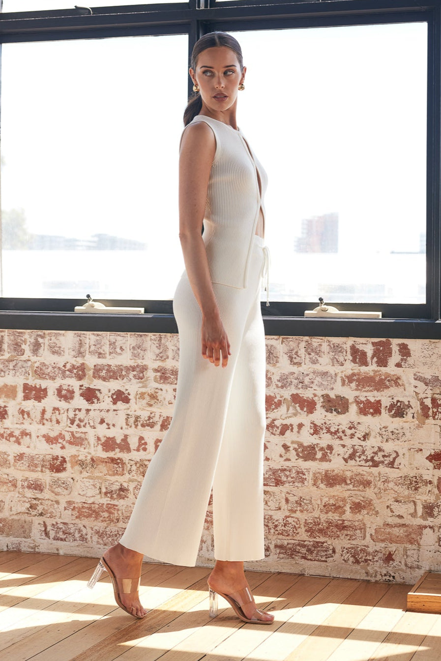 TH24015 Liv Sleeveless Ribbed Knit Top With Front Eye Hook in White. WHOLESALE KNITWEAR Collection by Rosebullet The Label, a Melbourne based women's fashion wholesaler and manufacturer. 