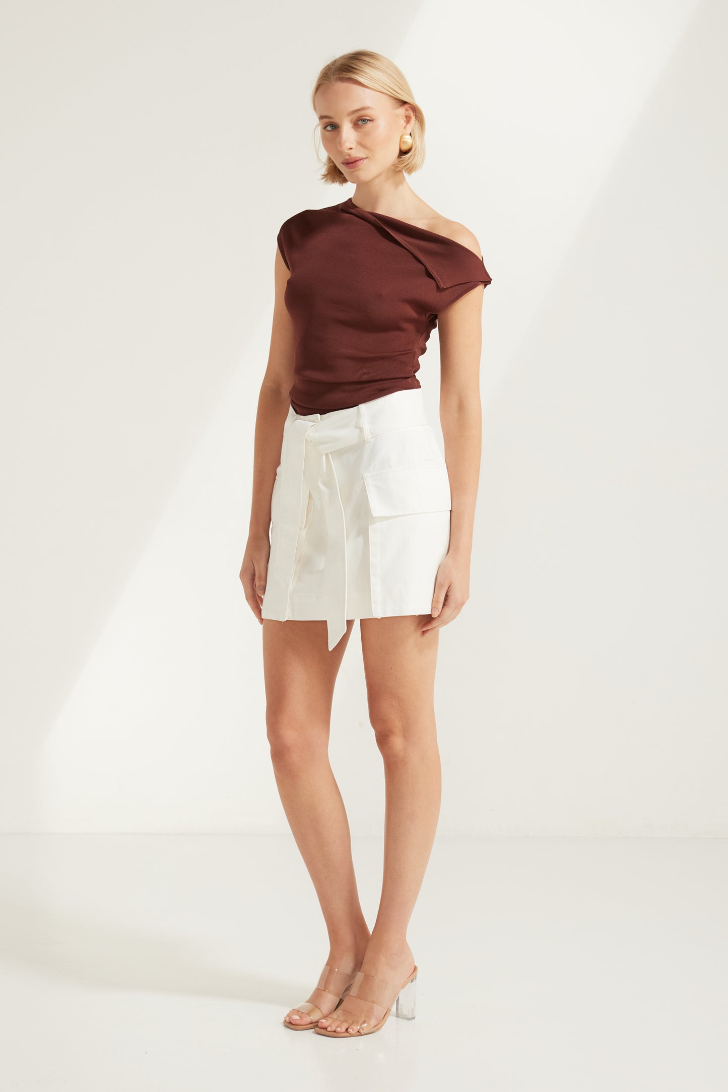 TT9715 Lia Cargo Mini Skirt White. Australian women’s WHOLESALE PANTS.High waisted Mini cargo skirt