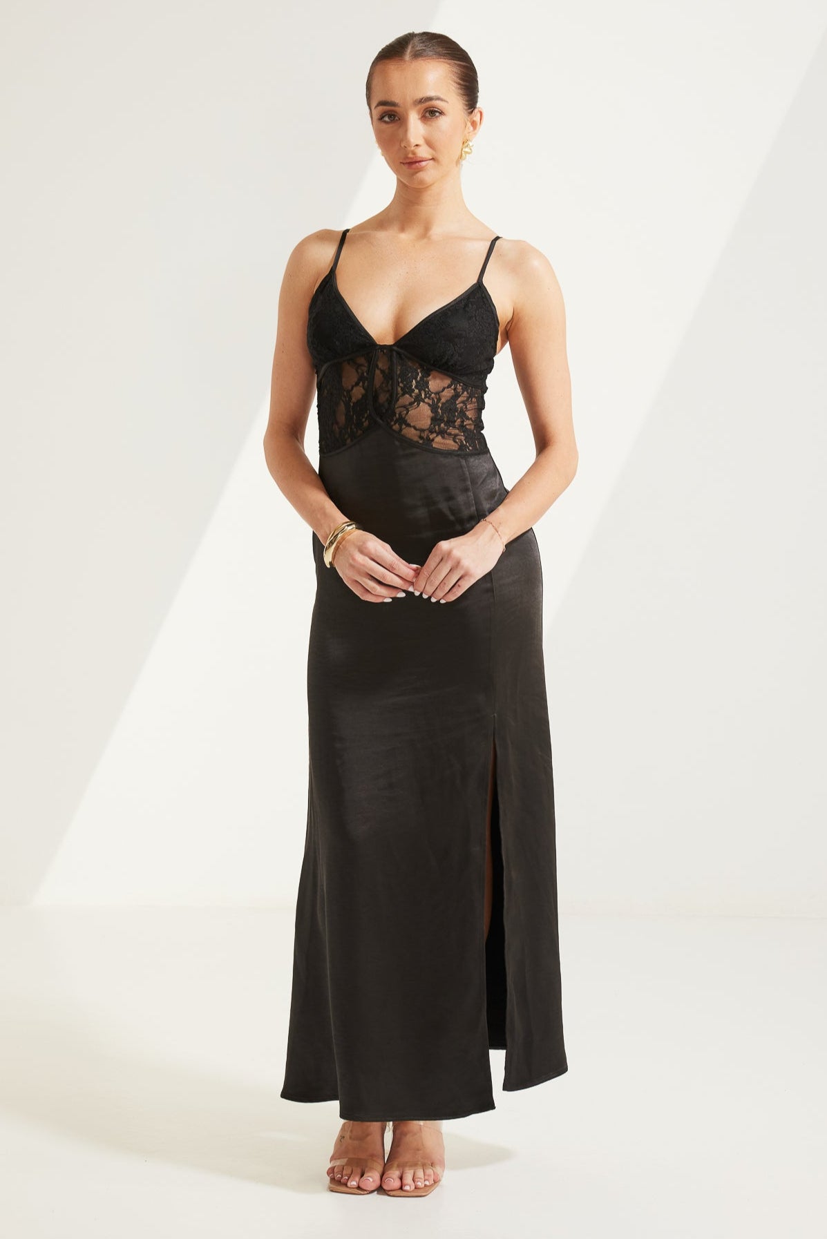 TT9768 Pearl Silky wholesale Midi Dress With Lace in Balck colour. silky fabric.