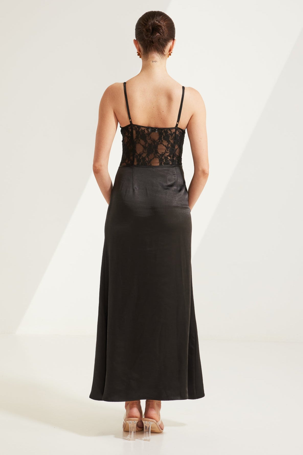 TT9768 Pearl Silky wholesale Midi Dress With Lace in Balck colour. silky fabric.