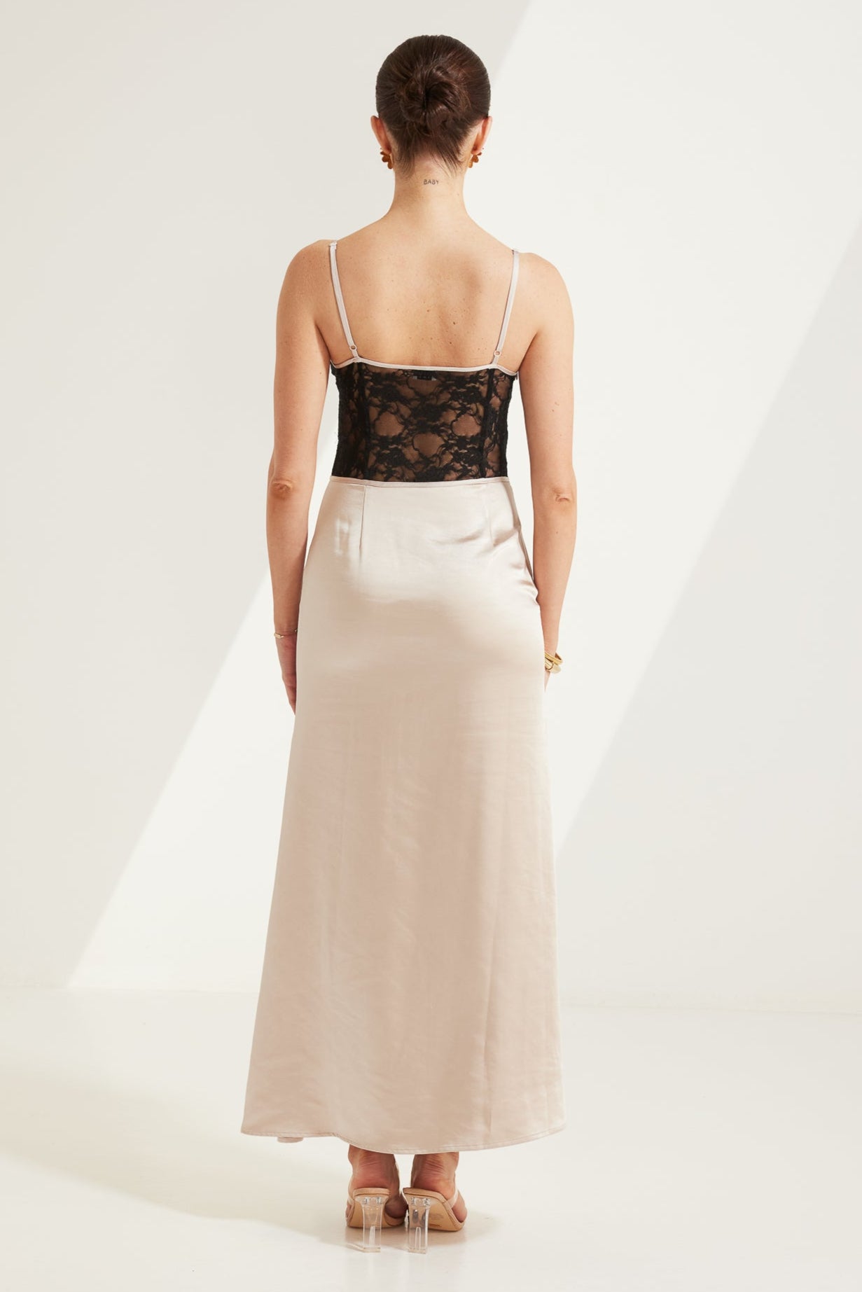 TT9768 Pearl Silky wholesale Midi Dress With Lace in Champagne colour. silky fabric.