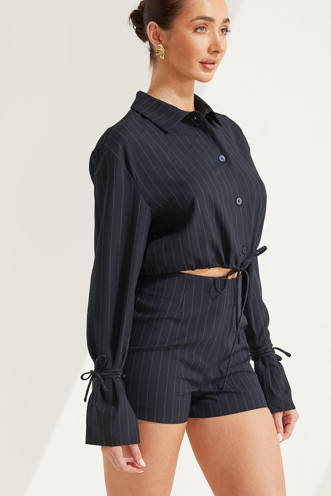 TT9788 Scottie Pinstripe Shorts in Navy/White. Australian women’s WHOLESALE SHORTS. High waisted short in Classic pinstripe pattern. This short come in matching top.