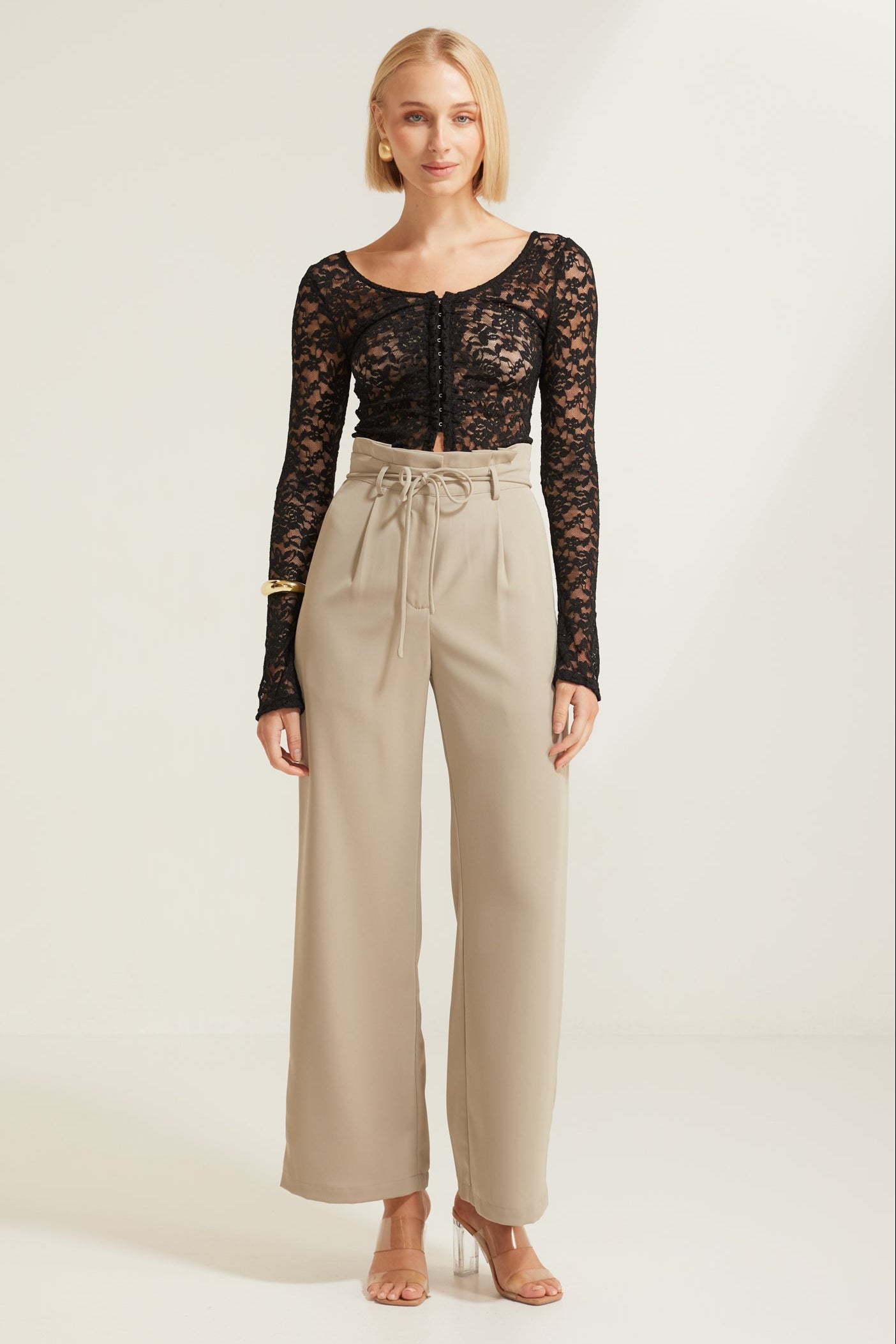 TT9893 Loretta High Waist Paper Bag Pant Oyster Grey. Australian women’s wholesale bottoms fashion from Rosebullet the label. High waisted Pant.