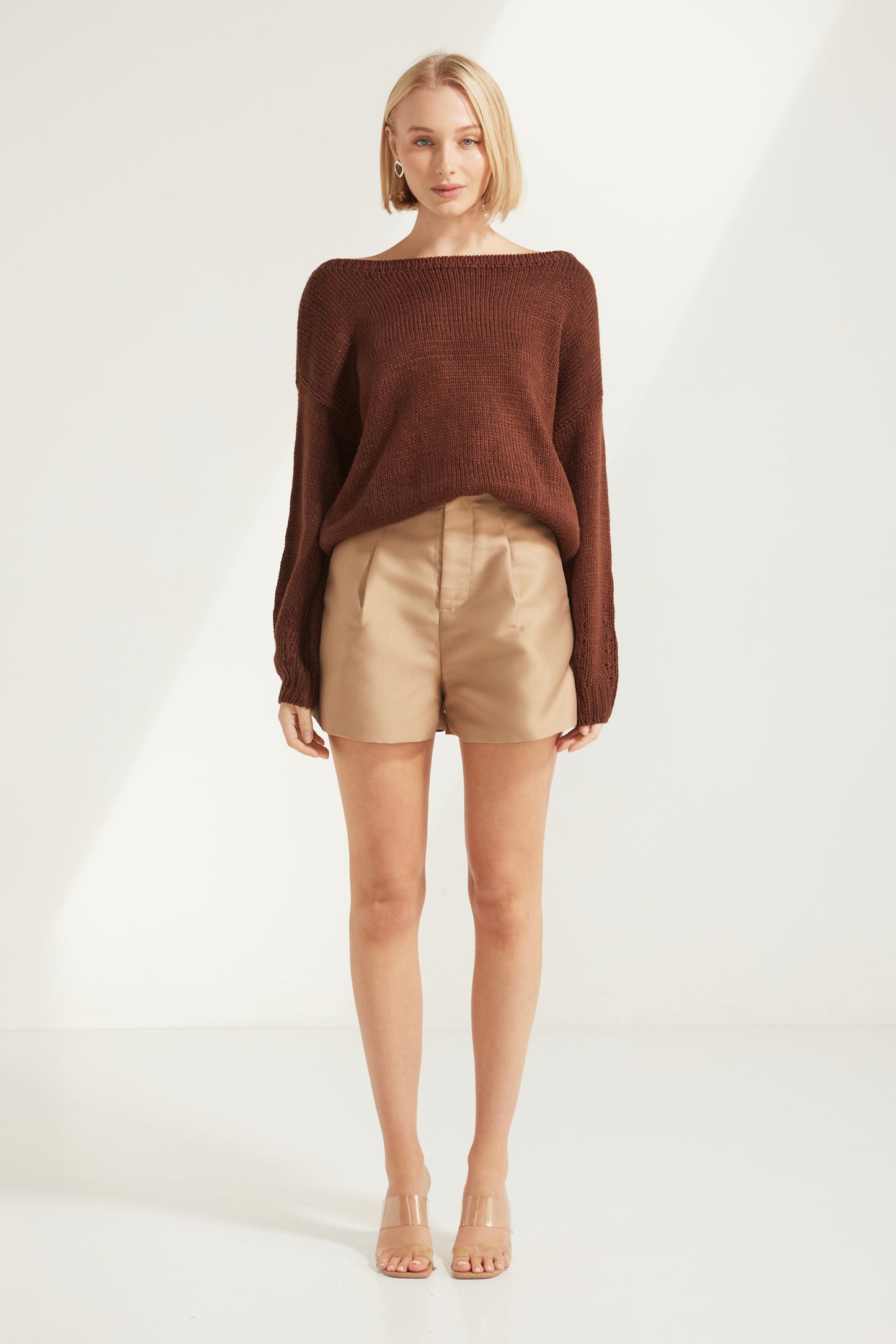 TW3822 Noor High Waist Dressy Shorts in Almond. Australian women’s WHOLESALE SHORTS. High waisted short in Structure satin fabric.