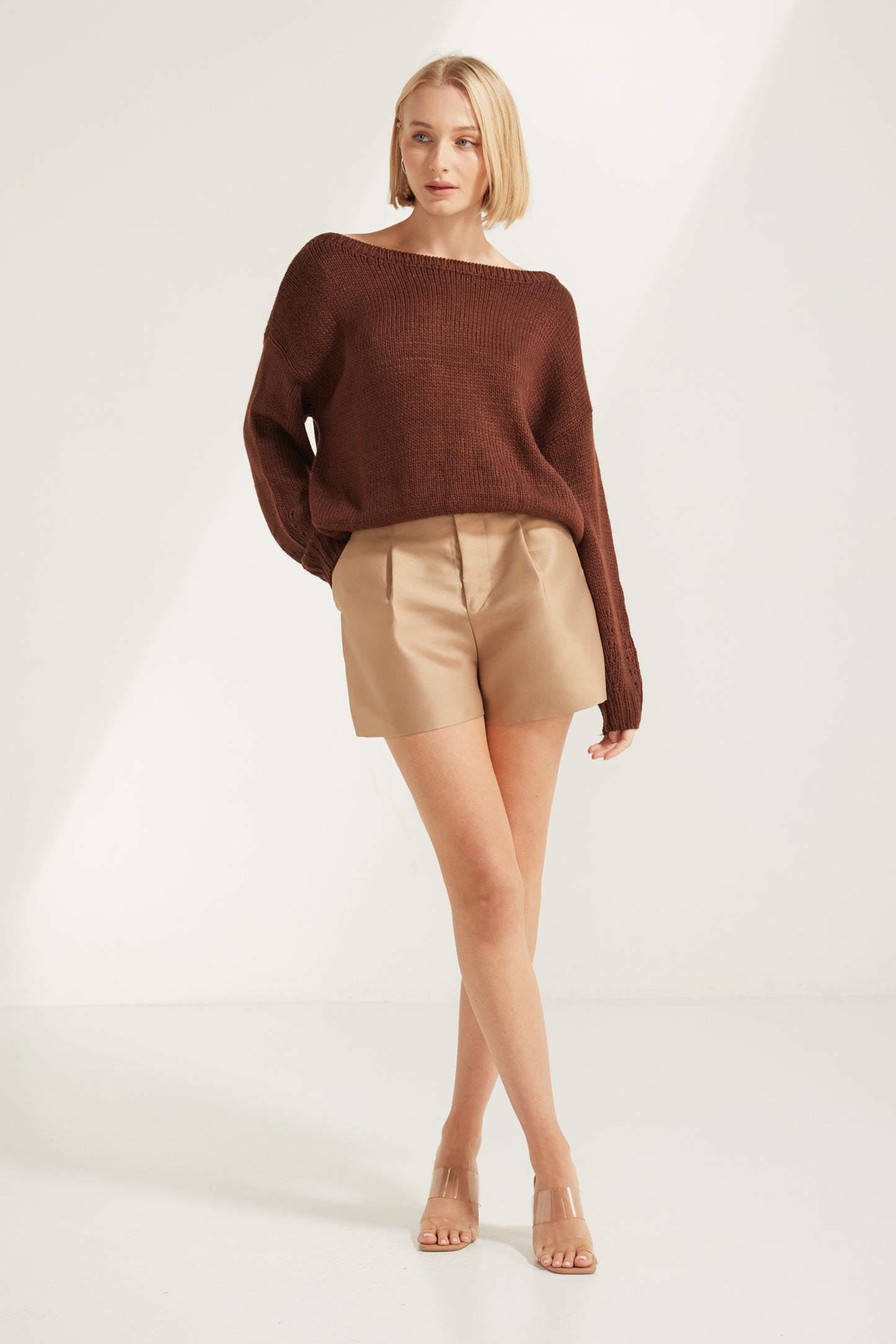 TW3822 Noor High Waist Dressy Shorts in Almond. Australian women’s WHOLESALE SHORTS. High waisted short in Structure satin fabric.