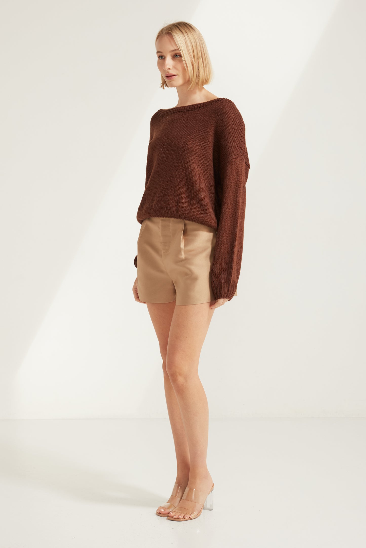 TW3822 Noor High Waist Dressy Shorts in Almond. Australian women’s WHOLESALE SHORTS. High waisted short in Structure satin fabric.
