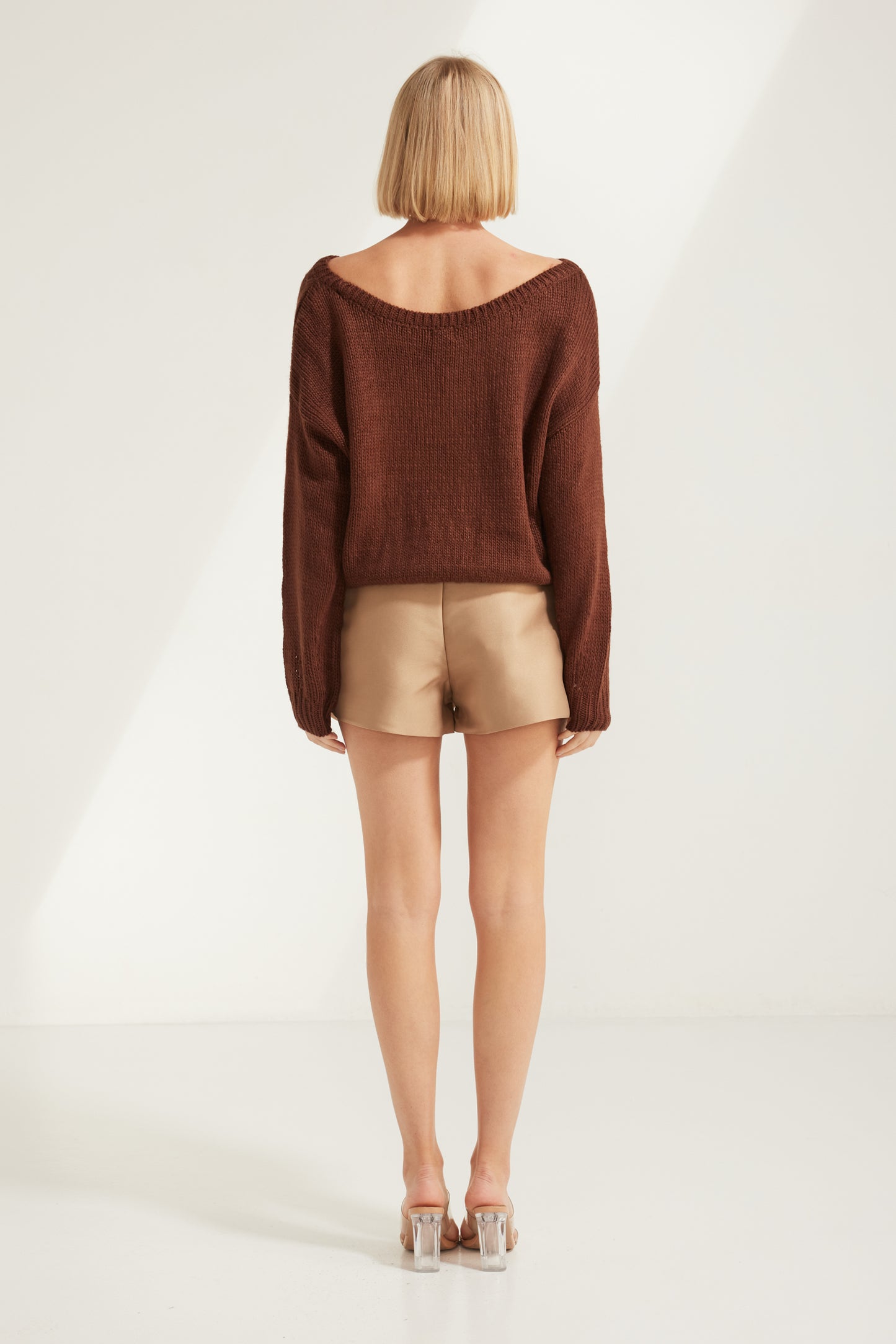 TW3822 Noor High Waist Dressy Shorts in Almond. Australian women’s WHOLESALE SHORTS. High waisted short in Structure satin fabric.