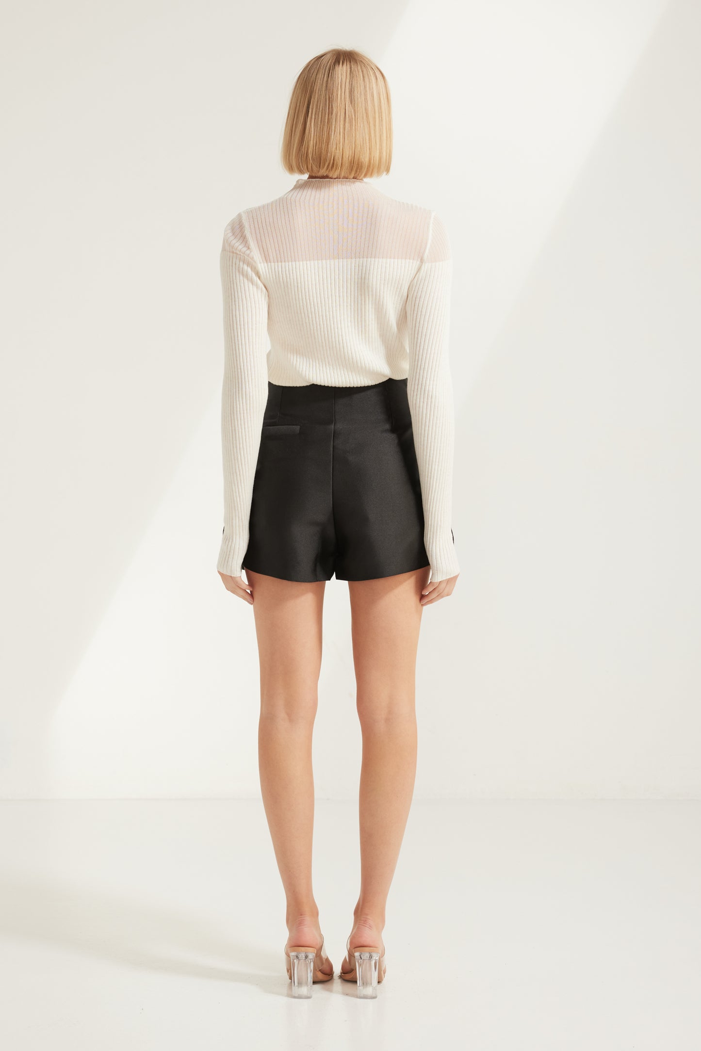 TW3822 Noor High Waist Dressy Shorts in Black. Australian women’s WHOLESALE SHORTS. High waisted short in Structure satin fabric.