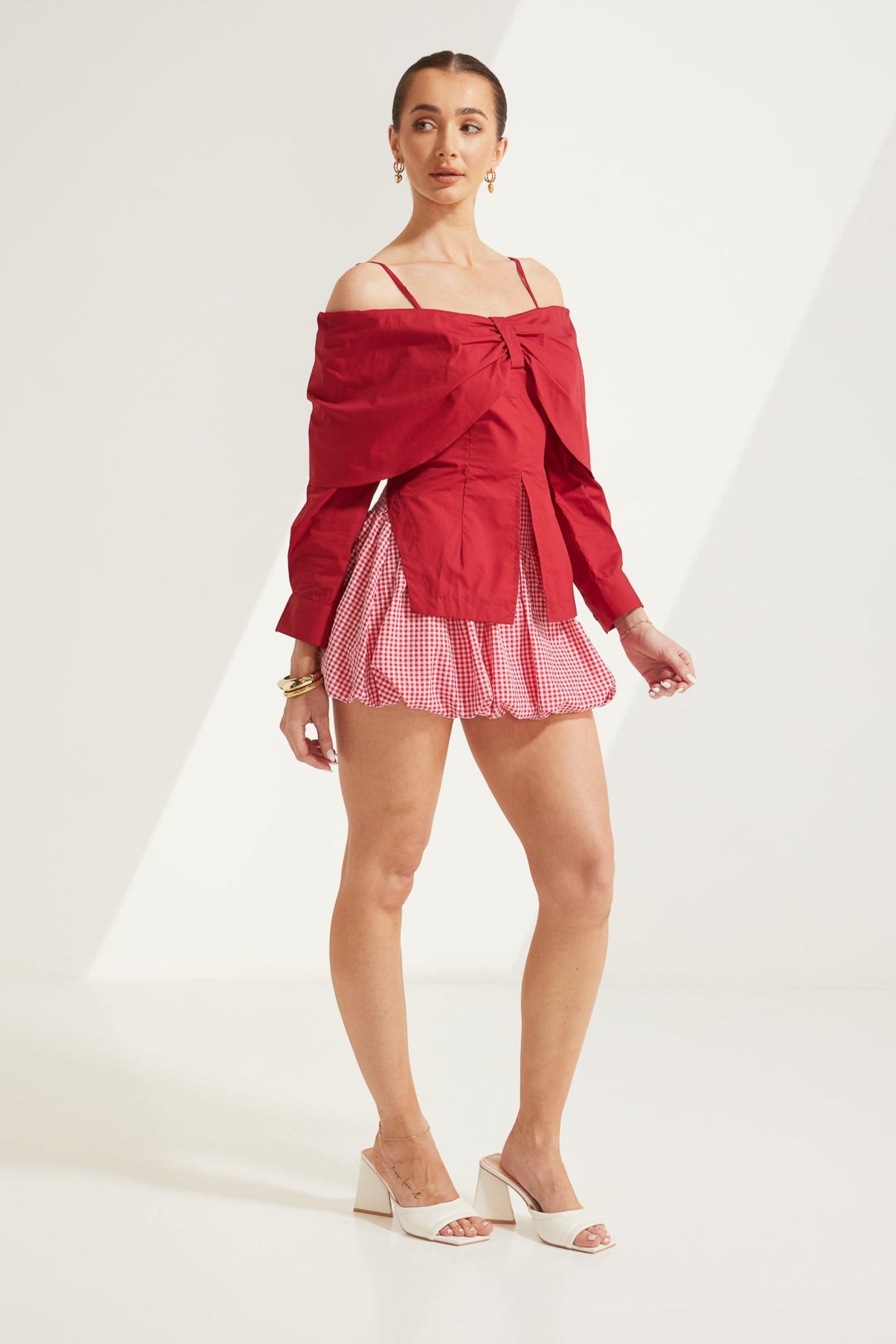 TW4245A Molly Gingham Mini Bubble Mini Skirt Red. Australian women’s wholesale skirt fashion from Rosebullet the label. Gingham Print Mini Skirt