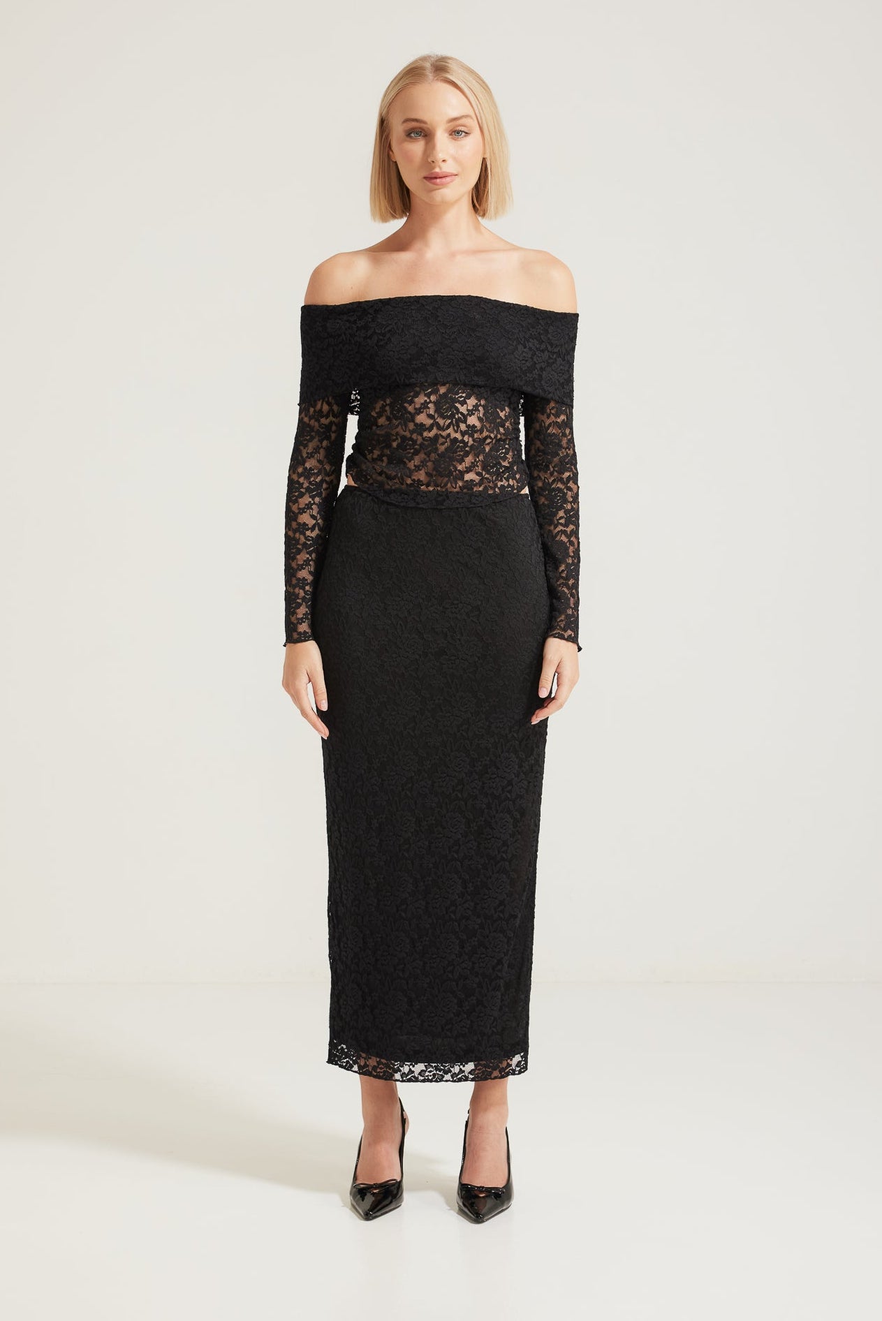 TW4360 Adalee Off Shoulder Long Sleeve Lace Top in Black. WHOLESALE LONG SLEEVE TOPS Collection by Rosebullet The Label, a Melbourne based women's fashion wholesaler and manufacturer. 