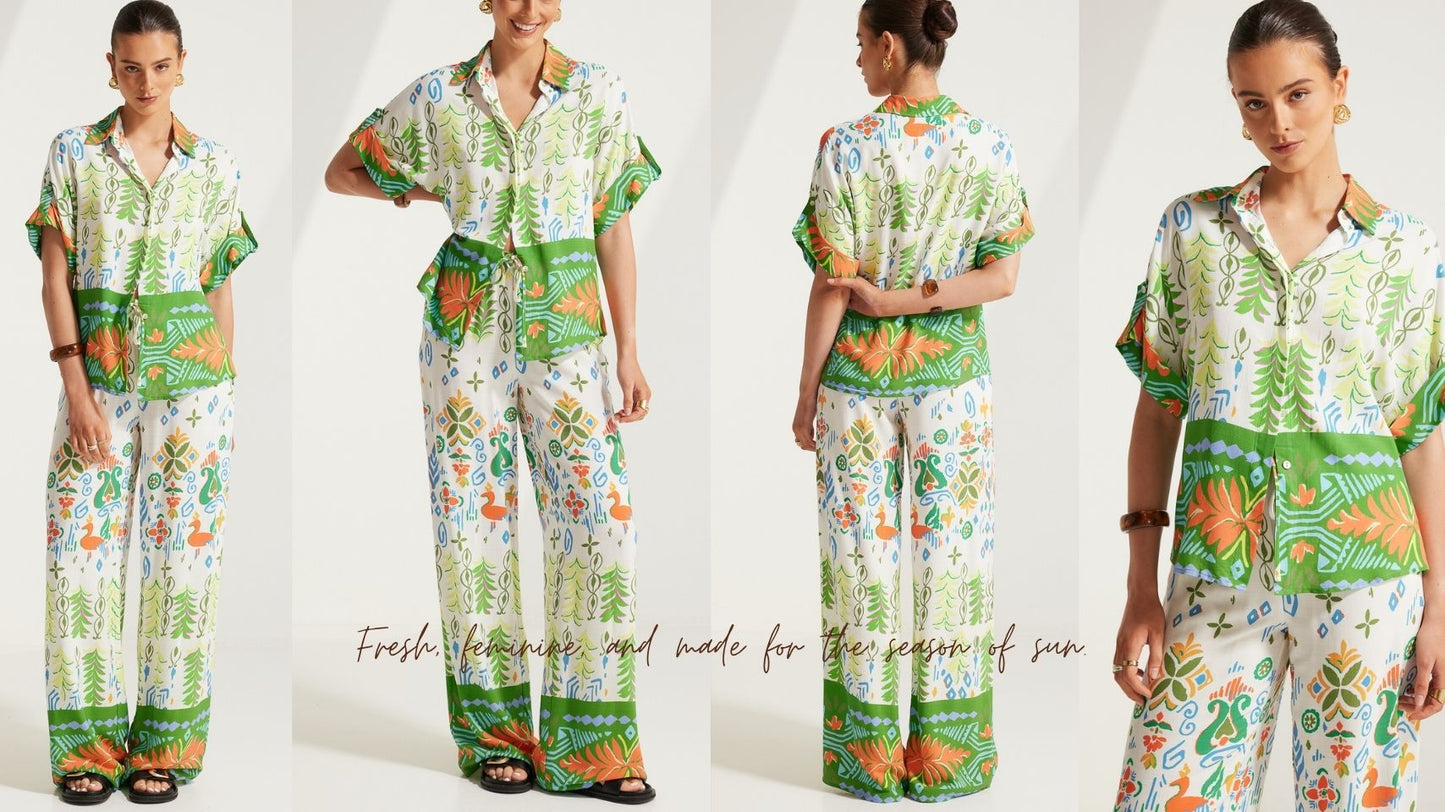 TW4597 Giselle Printed Shirt White/Green &  TW6022A Giselle Printed Drawstring Pants. Australian women’s fashion brand Rosebullet The Label Wholesale Collection, featuring trend driven dresses, tops, pants, skirts, skorts, shorts, knitwear, jumpsuits, playsuits, outerwear, restocked bestsellers, and more for modern boutiques.