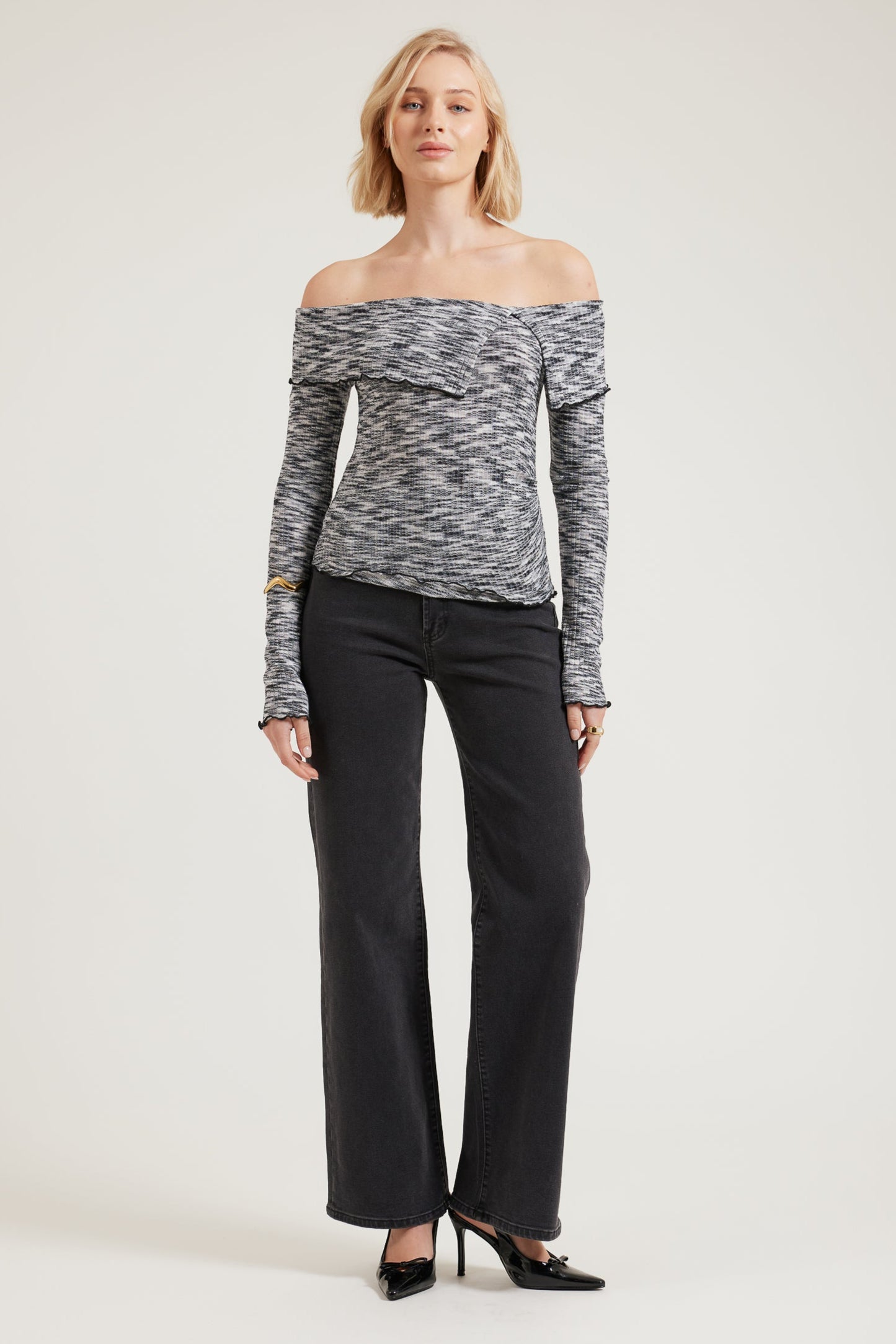 TW4612 Ailani Off Shoulder Long Sleeve Top in Charcoal. WHOLESALE LONG SLEEVE TOPS Collection by Rosebullet The Label, a Melbourne based women's fashion wholesaler and manufacturer. 