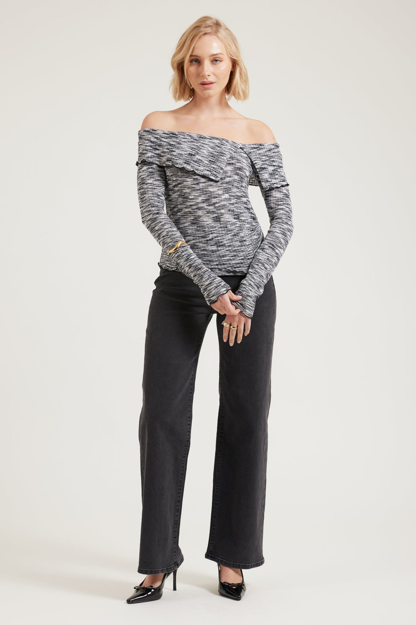 TW4612 Ailani Off Shoulder Long Sleeve Top in Charcoal. WHOLESALE LONG SLEEVE TOPS Collection by Rosebullet The Label, a Melbourne based women's fashion wholesaler and manufacturer.
