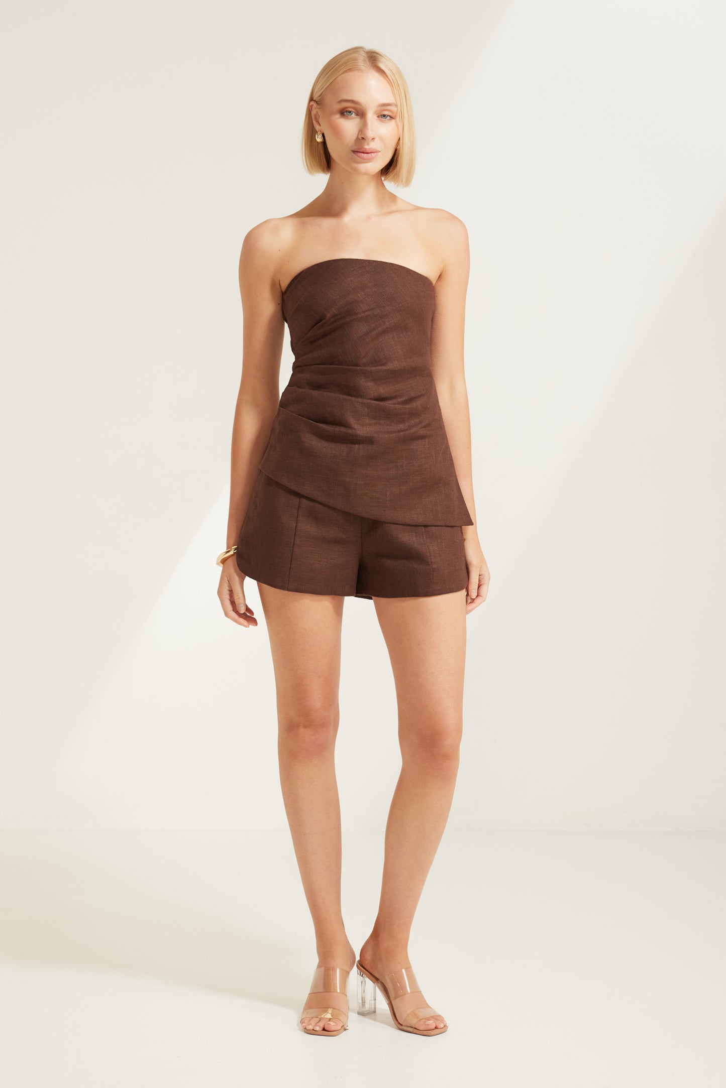 TW6021A Neutral Edit High Waist Shorts in Chocolate. Australian women’s WHOLESALE SHORTS. RAMIE fabric