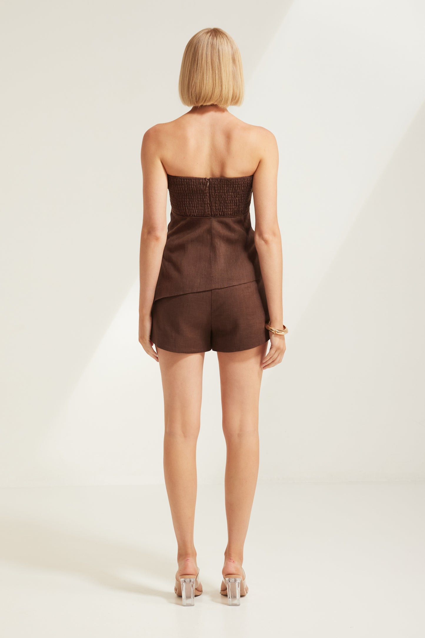 TW6021A Neutral Edit High Waist Shorts in Chocolate. Australian women’s WHOLESALE SHORTS. RAMIE fabric