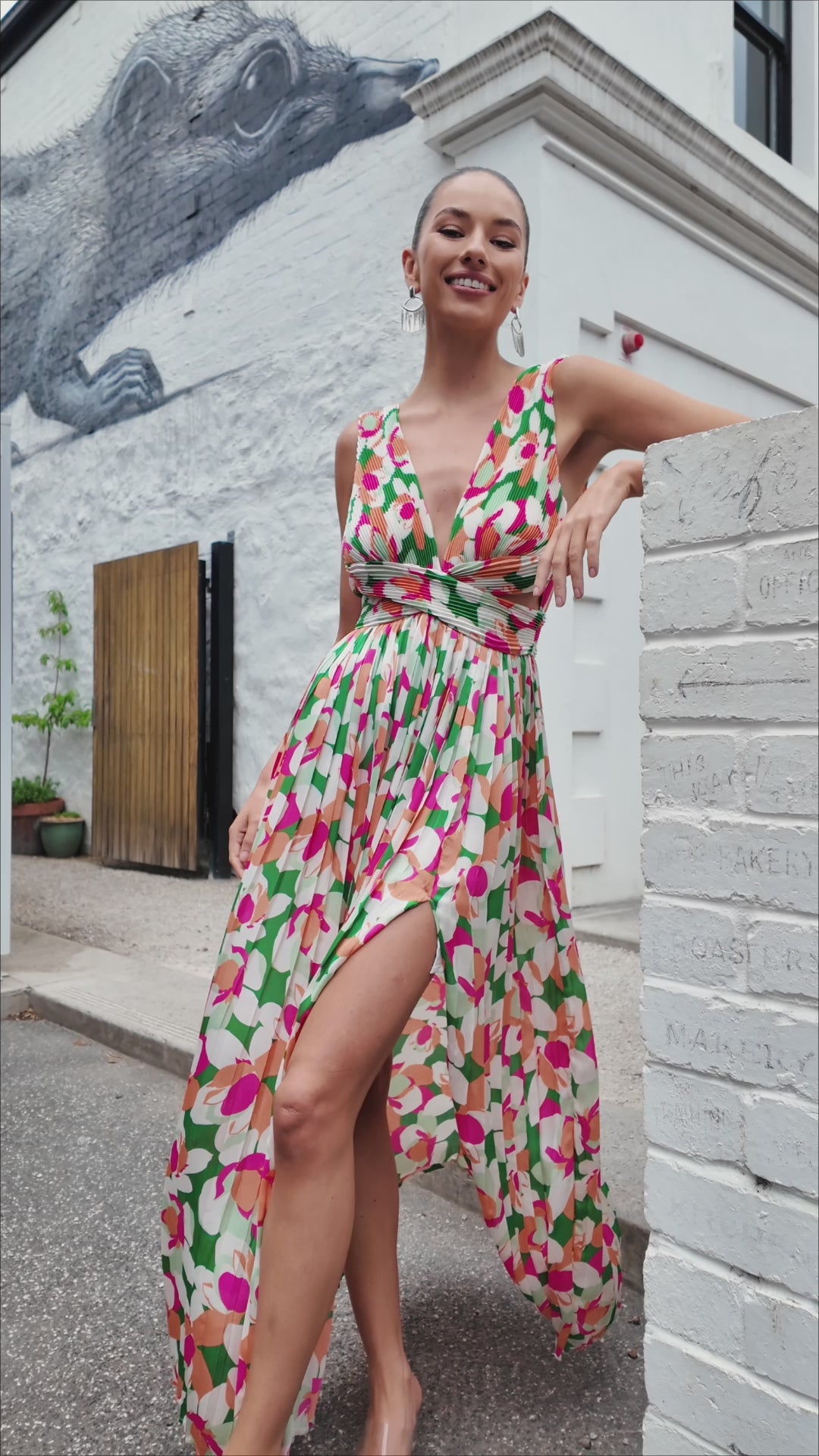 TT9006C Laila Geometric Print Maxi Dress Green/Pink