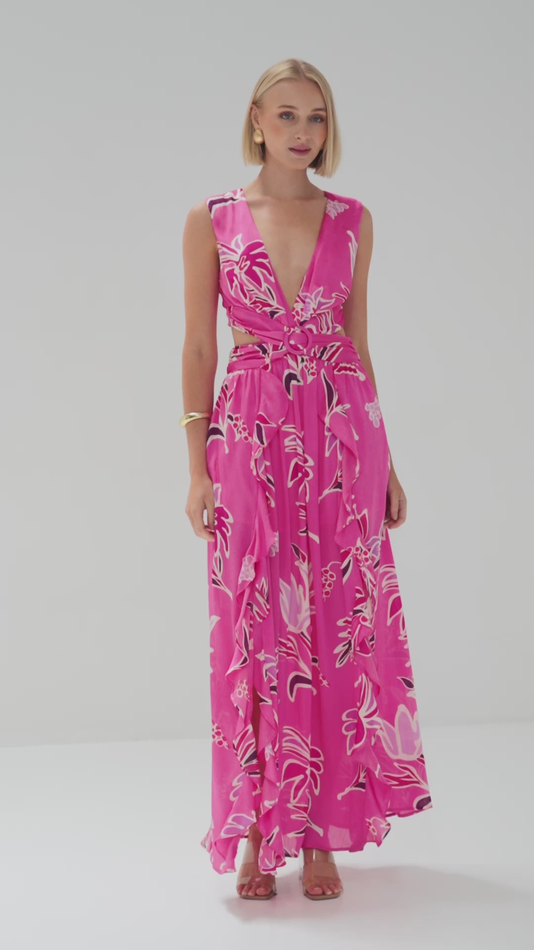TT9021A Sapphire Cut Out Ring Maxi Dress in Floral Print Pink