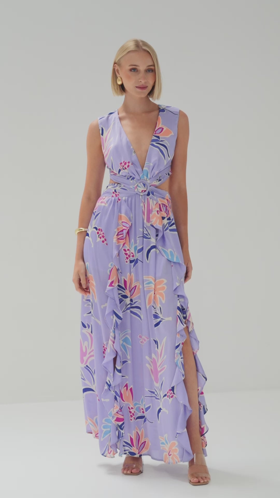 TT9021A Sapphire Cut Out Ring Maxi Dress in Floral Print Lilac
