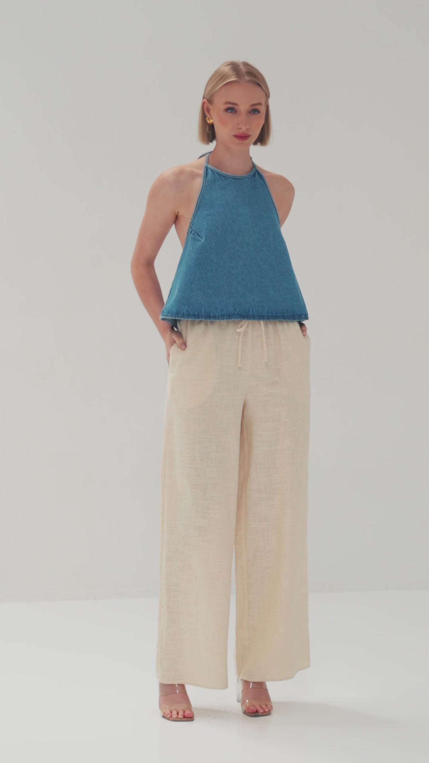 T3583 Liora Halter Neck Top Denim Blue