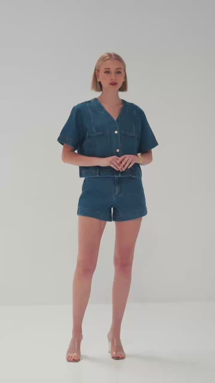 T3578 Alba Short Sleeve Denim Top Blue Acid Wash