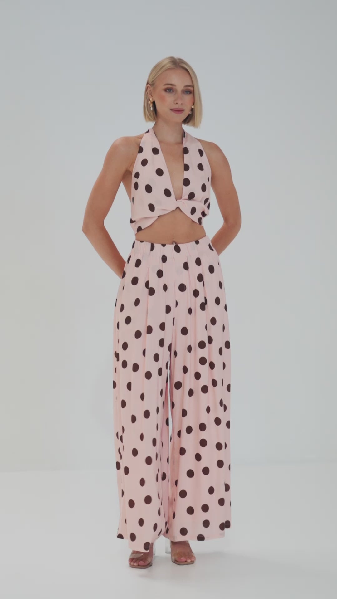 TW4802 Rosalie Polka Dot Halter Neck Top Pink/Choco