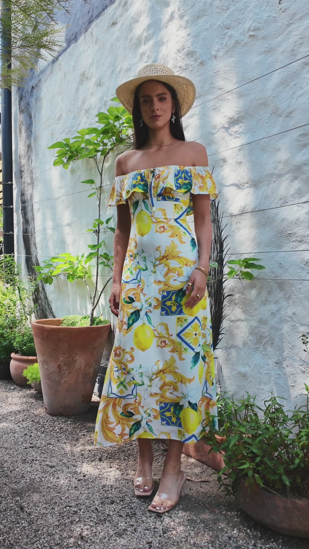 TW4366 Rayna Lemon Print Off-Shoulder Maxi Dress Lemon Print