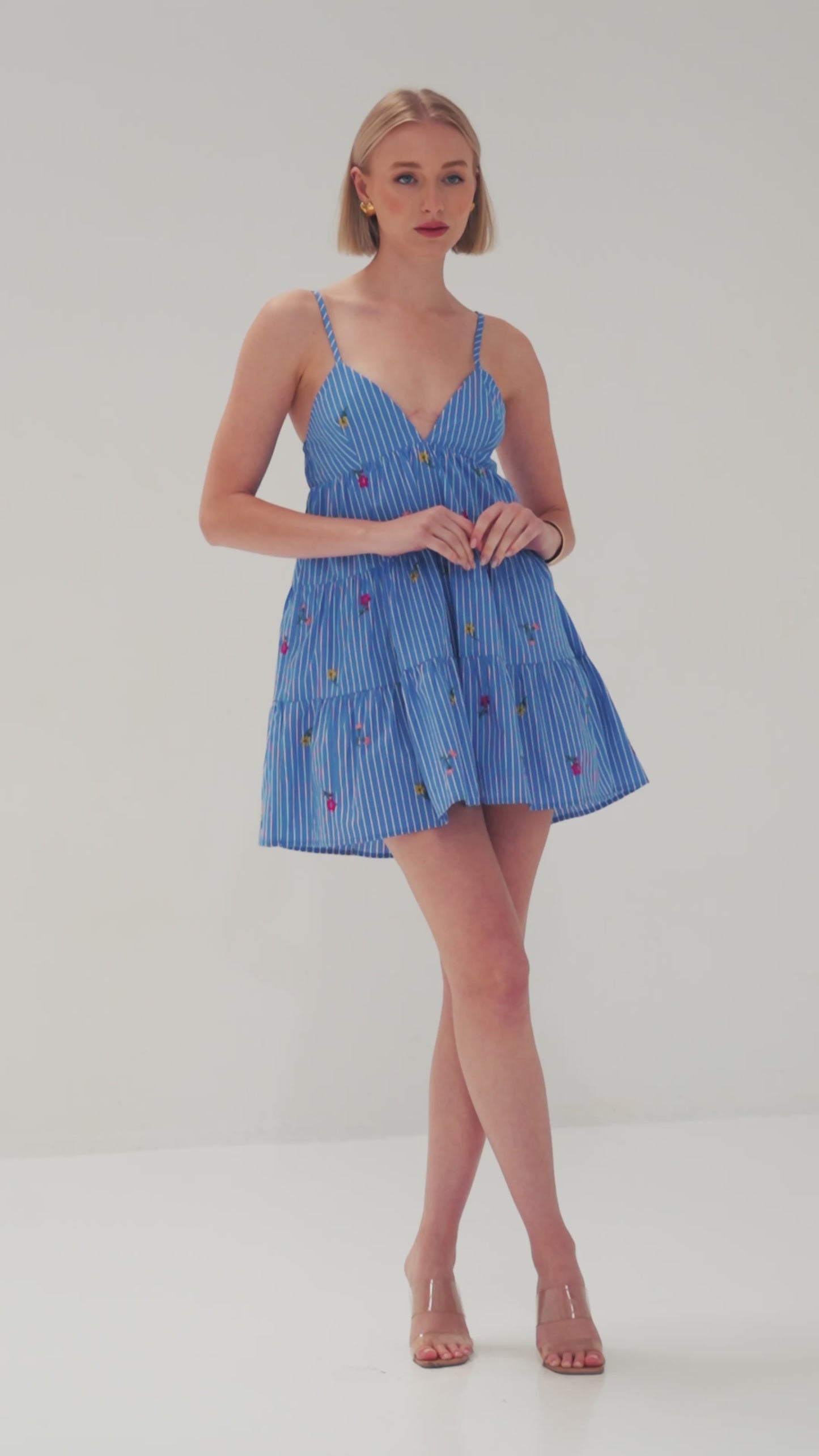 TW4600B Embroidery Tiered Mini Dress Blue