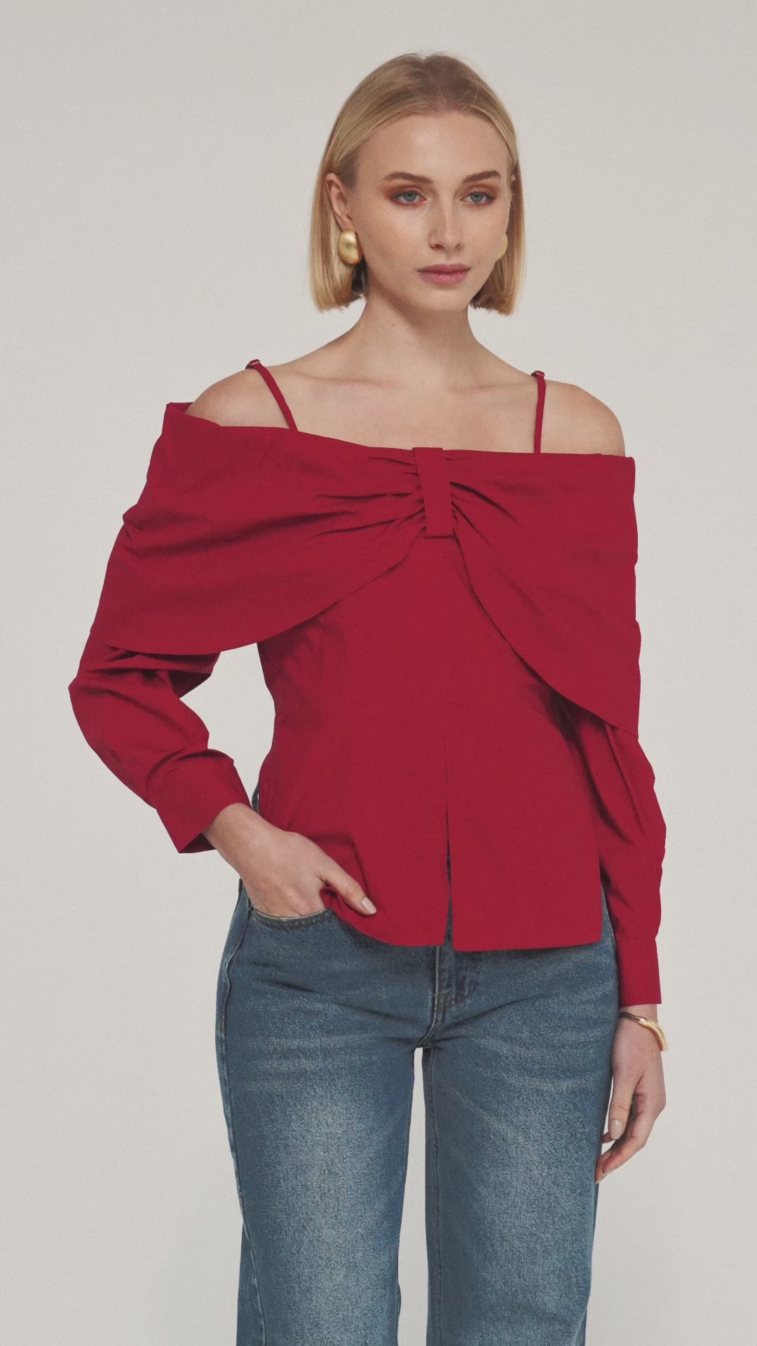 TW6066 Valerian Cold Shoulder Top in Cherry. WHOLESALE LONG SLEEVE TOPS Collection by Rosebullet The Label, a Melbourne based women's fashion wholesaler and manufacturer. 