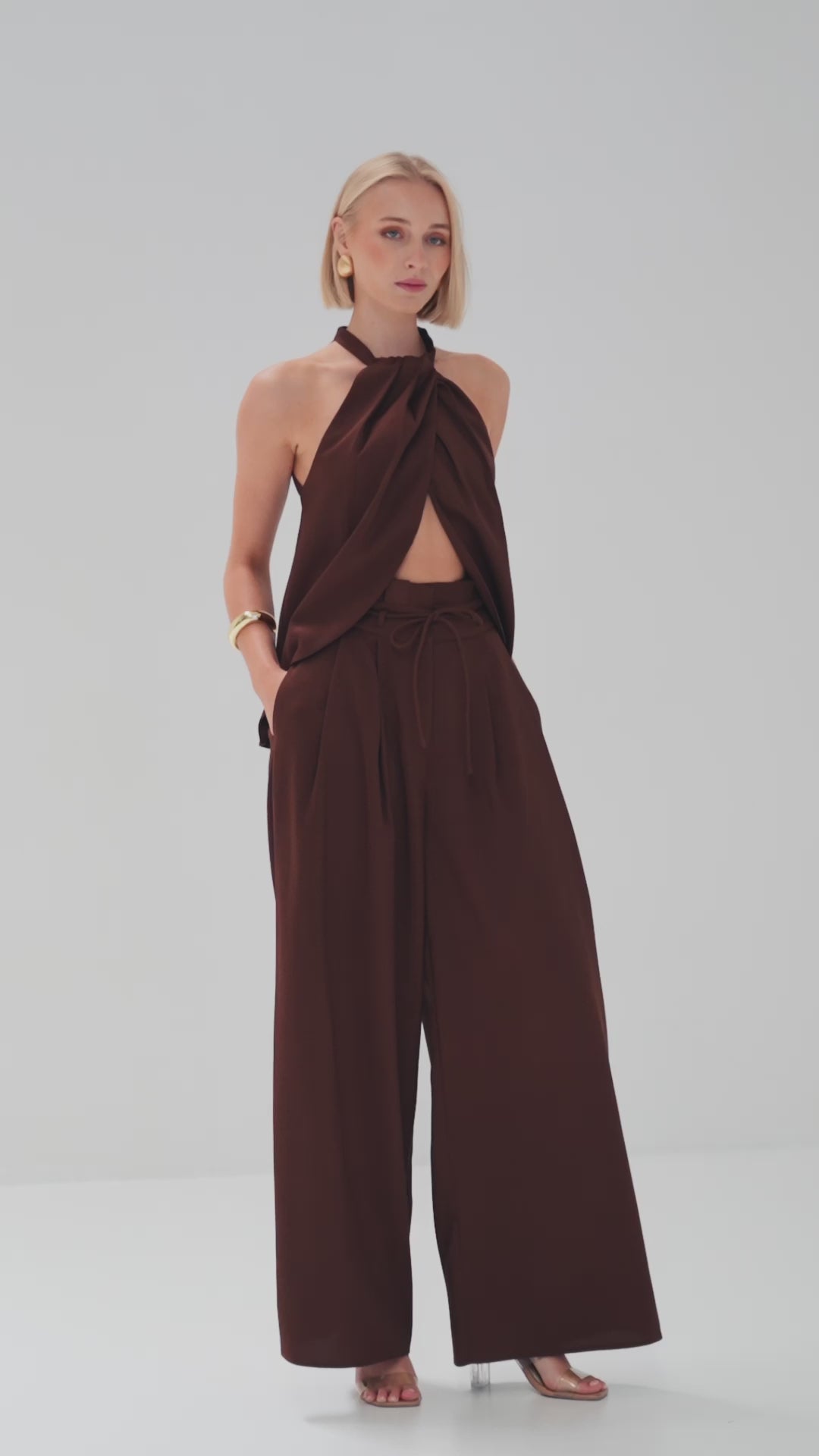 TW3780 Dani Linen Wide Leg Paper Bag Pants Chocolate