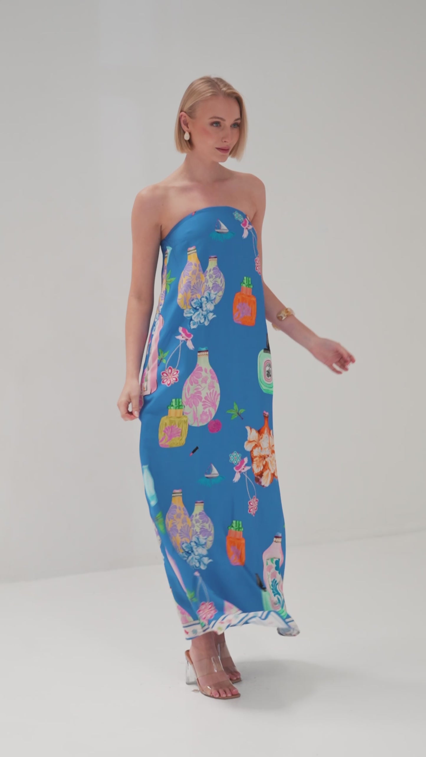 TW4628B Perfume Dreams Strapless Maxi Dress Blue Print