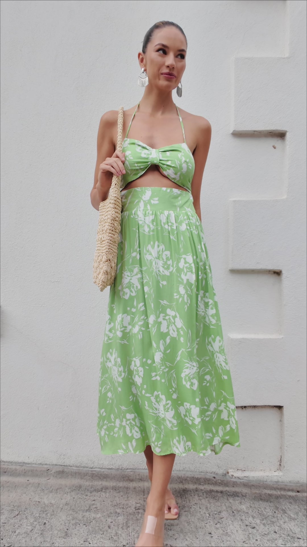 TW3518-1 Charleigh Halter Neck Floral Dress Green