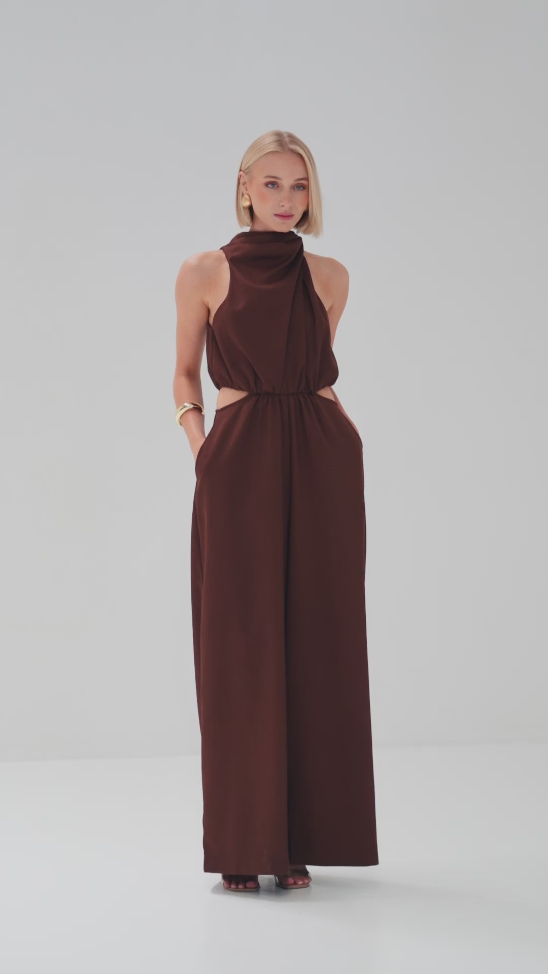 TW3727 Lara Halter Neck Wide Leg Jumpsuit Chocolate
