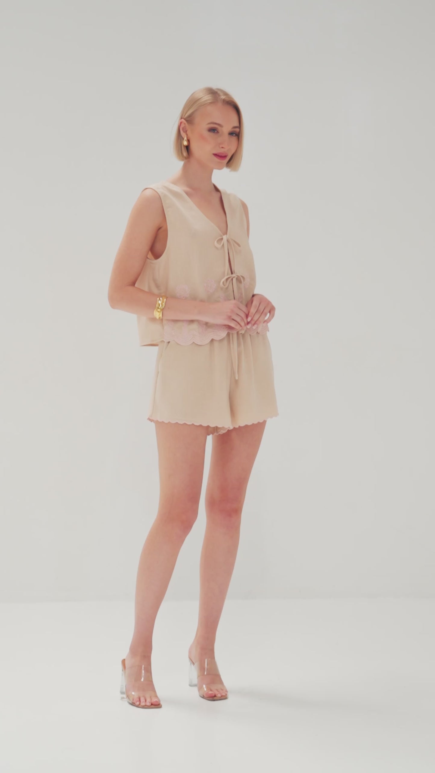 TW4791 Seraph Embroidery Tie Front Top Beige/Pink